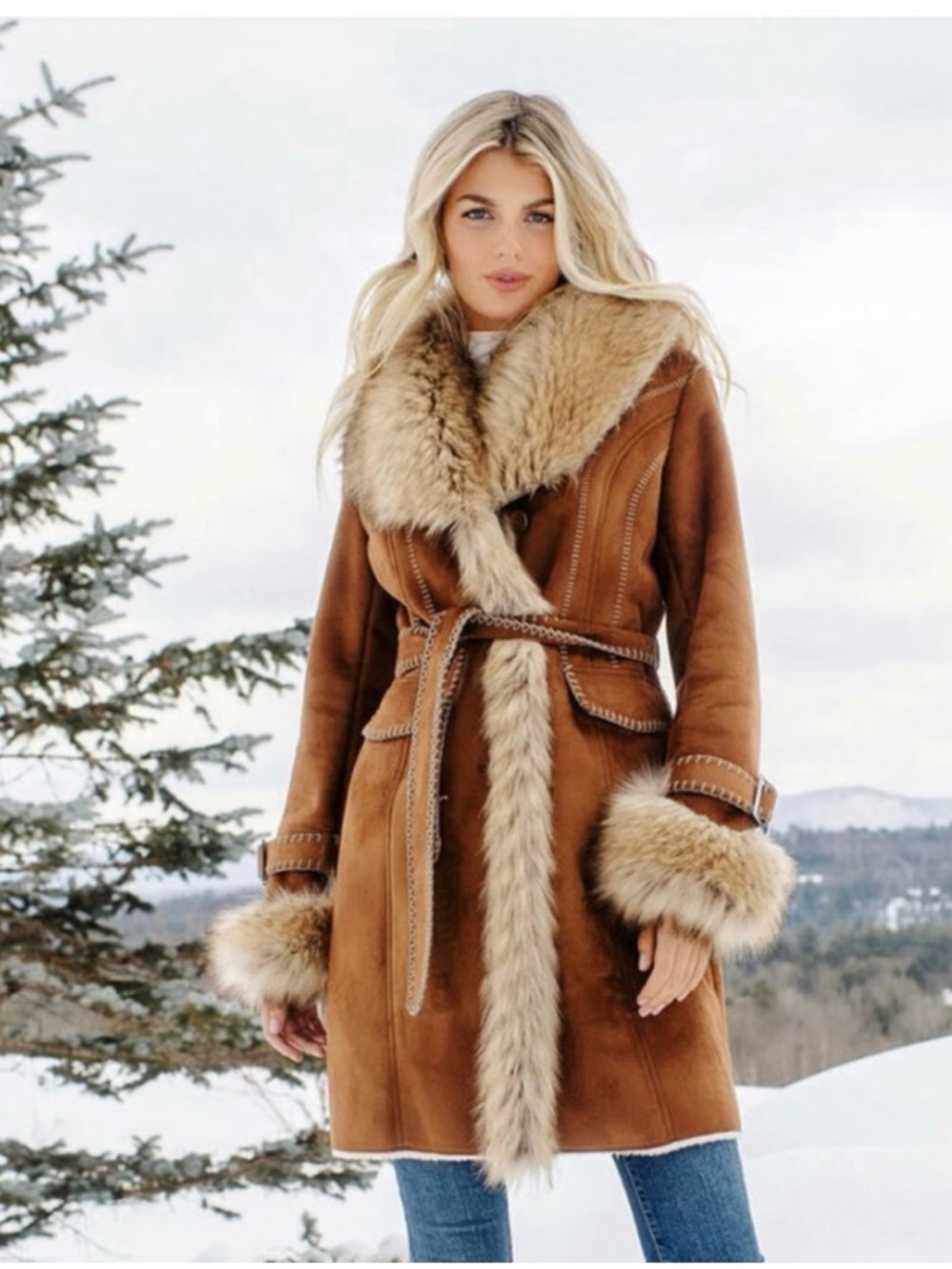 Fabulous Furs Cognac Suede Shearling-Trim Coat